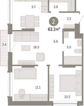 2-к квартира, вторичка, 63м2, 3/8 этаж