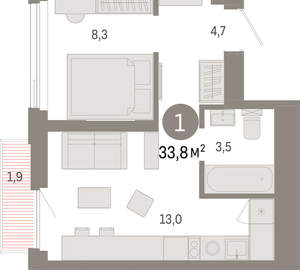 1-к квартира, вторичка, 34м2, 19/25 этаж