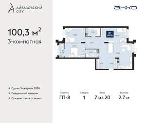 3-к квартира, вторичка, 100м2, 7/24 этаж