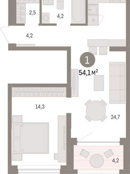 1-к квартира, вторичка, 54м2, 6/8 этаж