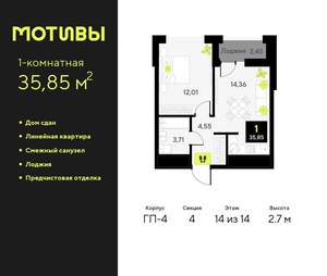 1-к квартира, сданный дом, 36м2, 14/14 этаж
