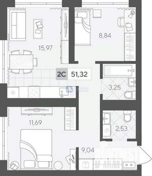 2-к квартира, вторичка, 51м2, 2/17 этаж