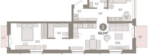 2-к квартира, вторичка, 68м2, 6/16 этаж