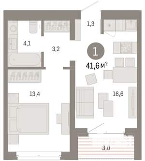 1-к квартира, вторичка, 42м2, 3/11 этаж
