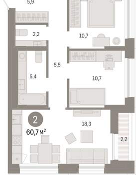 2-к квартира, вторичка, 61м2, 3/17 этаж