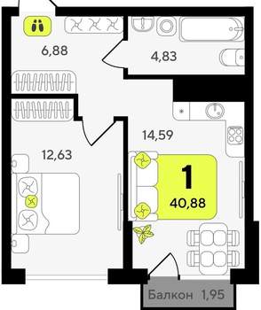 1-к квартира, вторичка, 41м2, 14/14 этаж