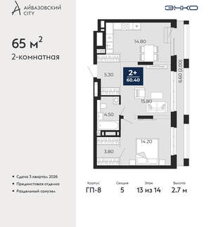 2-к квартира, вторичка, 65м2, 13/24 этаж
