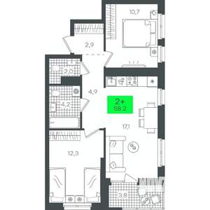 2-к квартира, строящийся дом, 58м2, 17/21 этаж
