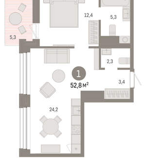 1-к квартира, вторичка, 53м2, 6/8 этаж