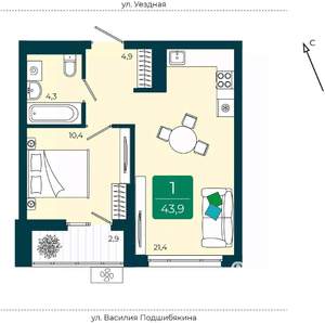 1-к квартира, вторичка, 44м2, 3/9 этаж