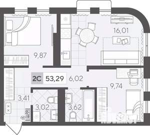 2-к квартира, вторичка, 52м2, 15/17 этаж