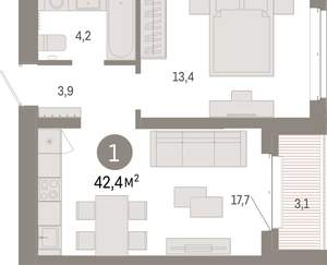1-к квартира, вторичка, 42м2, 4/11 этаж
