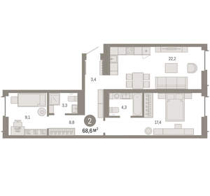 2-к квартира, вторичка, 69м2, 3/16 этаж