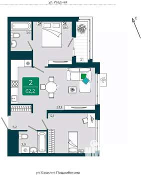 2-к квартира, вторичка, 62м2, 8/16 этаж