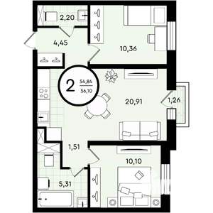 2-к квартира, вторичка, 56м2, 1/4 этаж