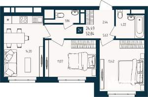 2-к квартира, строящийся дом, 53м2, 19/25 этаж