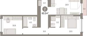 2-к квартира, вторичка, 63м2, 4/8 этаж