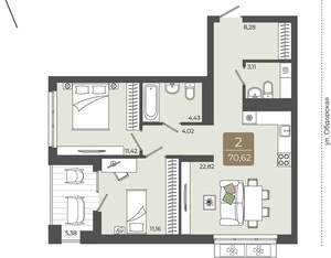 2-к квартира, вторичка, 71м2, 7/15 этаж