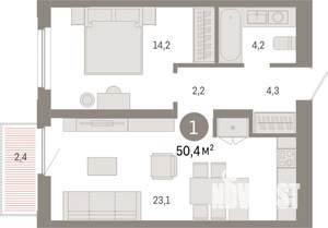 1-к квартира, вторичка, 50м2, 7/16 этаж
