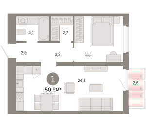 1-к квартира, вторичка, 51м2, 13/16 этаж