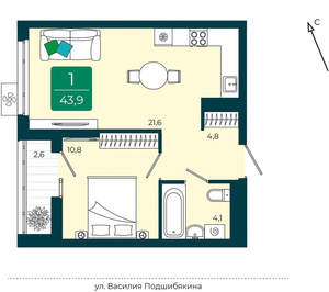 1-к квартира, вторичка, 44м2, 9/16 этаж