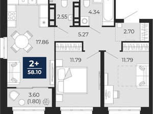 2-к квартира, вторичка, 58м2, 8/22 этаж