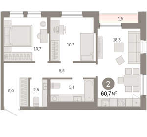 2-к квартира, вторичка, 61м2, 16/17 этаж