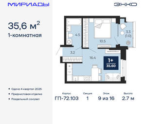 1-к квартира, вторичка, 36м2, 9/16 этаж