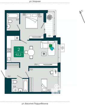 2-к квартира, вторичка, 62м2, 15/16 этаж