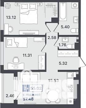 2-к квартира, строящийся дом, 55м2, 5/8 этаж