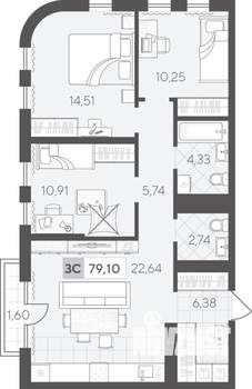 3-к квартира, вторичка, 79м2, 11/17 этаж