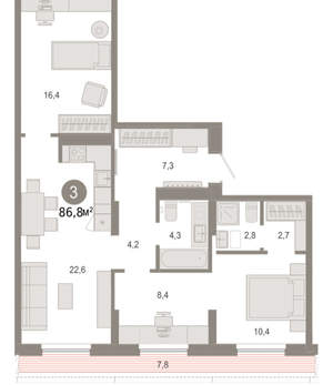 3-к квартира, вторичка, 87м2, 7/17 этаж