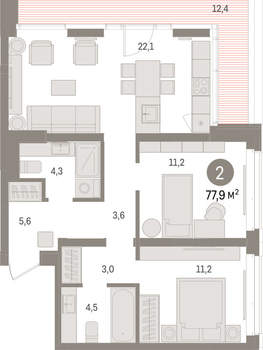 2-к квартира, вторичка, 78м2, 12/16 этаж