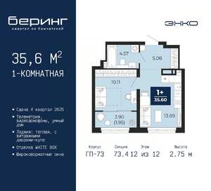 1-к квартира, вторичка, 36м2, 12/22 этаж