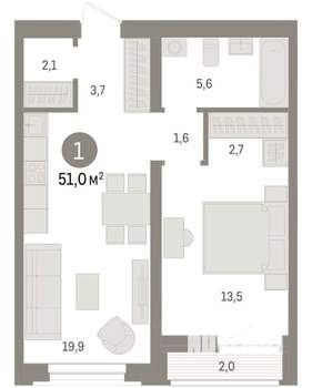 1-к квартира, вторичка, 51м2, 6/10 этаж
