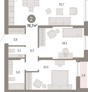 2-к квартира, вторичка, 77м2, 15/17 этаж