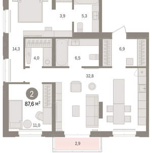 2-к квартира, вторичка, 88м2, 5/16 этаж