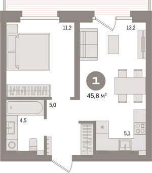 1-к квартира, вторичка, 46м2, 6/9 этаж