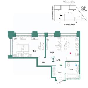 2-к квартира, вторичка, 48м2, 29/31 этаж