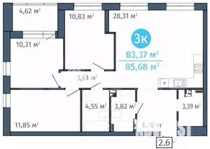 3-к квартира, вторичка, 86м2, 8/24 этаж