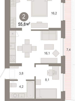 2-к квартира, вторичка, 56м2, 7/17 этаж