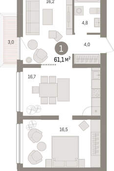 1-к квартира, вторичка, 61м2, 3/9 этаж
