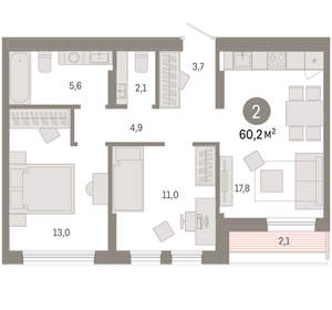 2-к квартира, вторичка, 60м2, 9/17 этаж