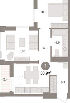 1-к квартира, вторичка, 51м2, 23/25 этаж