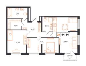 3-к квартира, строящийся дом, 84м2, 9/24 этаж
