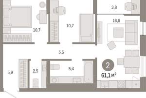 2-к квартира, вторичка, 61м2, 10/17 этаж