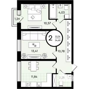 2-к квартира, строящийся дом, 55м2, 4/4 этаж