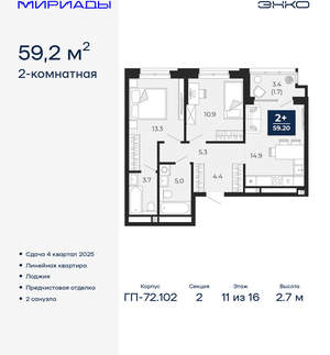 2-к квартира, вторичка, 59м2, 11/16 этаж