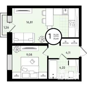 1-к квартира, вторичка, 35м2, 4/4 этаж