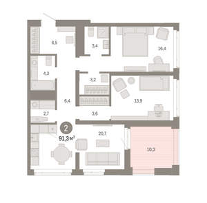 2-к квартира, вторичка, 91м2, 14/25 этаж